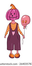 Boy with pumpkin on head in overalls and with balloon. For Halloween card design. Typical Halloween attribute pumpkin. Boy pumpkin. Isolated cartoon figure. Vector illustration for Halloween holiday