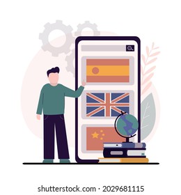 Boy pupil chooses foreign language to study. Student chooses online courses for learning different languages. Concept of e-learning and homeschooling. Application on phone screen. Vector illustration