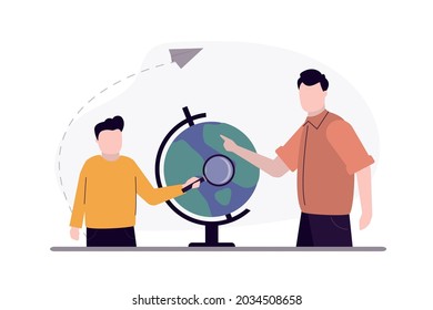 Boy pupil with father explore globe. Dad and child studying world map. Kid student with magnifying glass. Male scholar studying and learning. Concept of education and knowledge. Vector illustration