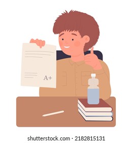 Boy Pupil With Good Exam Result. Primary School Graduation Diploma Vector Illustration