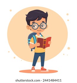 a boy pupil of the junior group with a rucksack and a textbook in his hands. Vector illustration. 