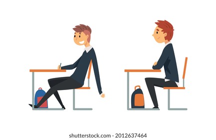 Boy Pupil or Student Sitting at Desk Having School Lesson Side View Vector Set