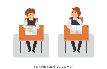 Boy Pupil or Student Sitting at Desk Having School Lesson Front View Vector Set