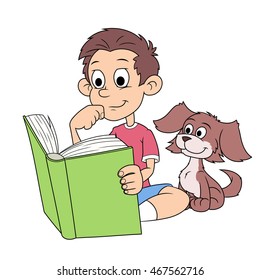 Boy and puppy reading a book 2