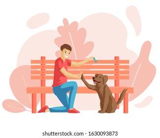 Boy and puppy sitting near park bench flat vector illustration. Young man and four-legged friend outdoor together, dog owner with pet cartoon character. Friendship, affection, warm feeling