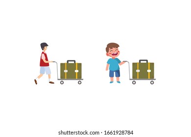 Boy Push The Trolley Airport Object Vector Illustration