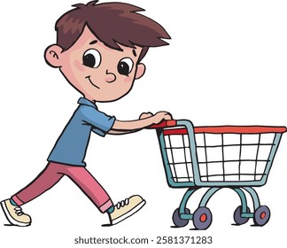boy pushes an empty cart in a supermarket