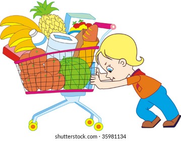 boy pushes greater pushcart from supermarket