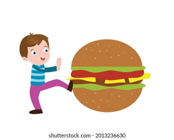 Boy pushes hamburger away 2D cartoon concept for banner, website, illustration, landing page, flyer, etc.