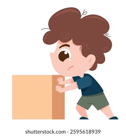 Boy Pushing a Box. This image shows a cartoon boy with curly brown hair, pushing a box