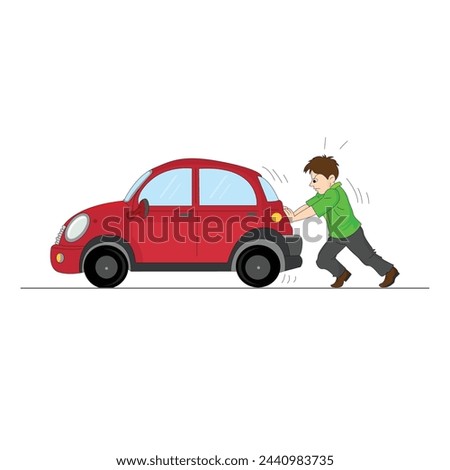 A boy pushing a car vector illustration