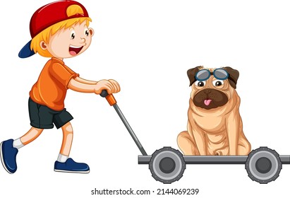 A Boy Pushing Cart With A Pug Dog Illustration