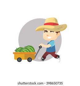 Boy Pushing Cart Of Watermelon