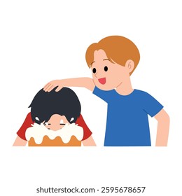 Boy pushing friend’s face into a cake as a prank illustration