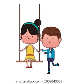 Boy Pushing Girlfriend On Swing Cartoon