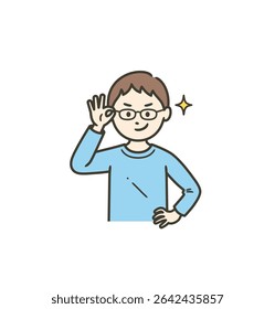 A boy pushing up his glasses and grinning with confidence