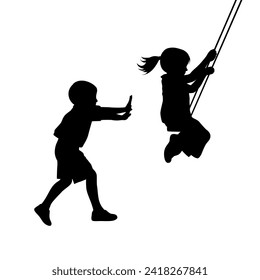 Boy pushing a little girl, kid swinging silhouette, kid on swing silhouette on white