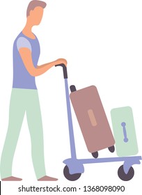 Boy pushing luggage cart. Tanned man traveling alone. Tourist with baggage in airport. Guy going to summer vacation or business trip. Flat cartoon vector illustration