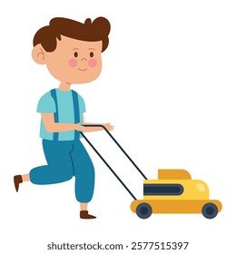 A boy pushing a yellow lawnmower in cartoon style