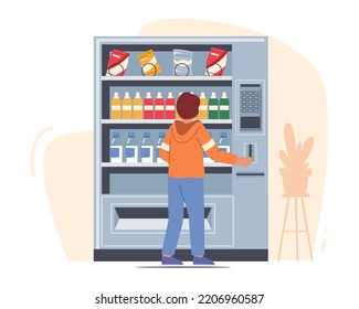 Boy Put Coin For Buying Snack or Drink in School Cafeteria. Vending Machine Food, Automate Retail Technology For Selling Fastfood Production Concept. Cartoon People Vector Illustration