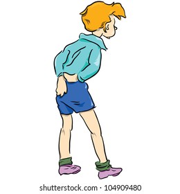 The boy put his hands behind his back. Vector illustration.