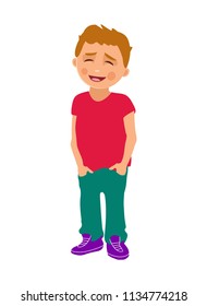 Boy put his hands in his pockets   smiles  Color vector flat illustration isolated white background 