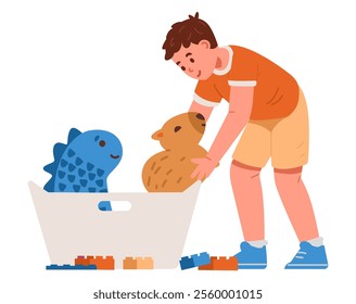 Boy puts away toys flat vector illustration isolated on white. House chores.