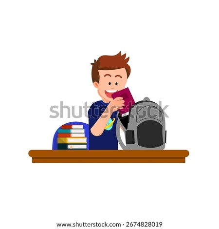 A boy puts a book into his school bag