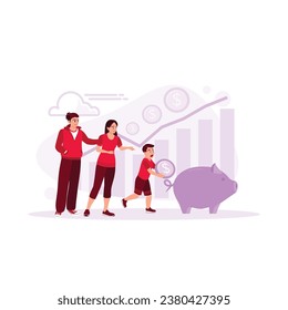 The boy puts coins into a piggy bank. Parents teach their children to save money for the future. Financial literacy concept. Trend Modern vector flat illustration