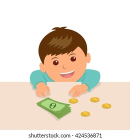 The boy puts the money on the table to calculate their savings. The kid at the counter in the shop put the money to buy something.