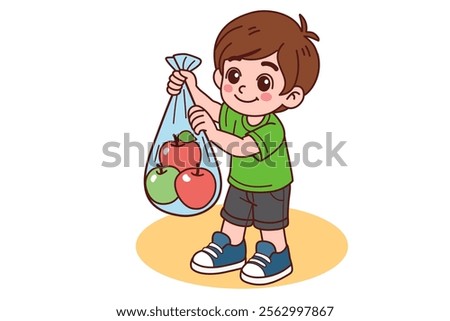 The boy puts some fruit in a plastic bag. Vector illustration in cartoon style.