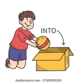 Boy putting ball into the box doodle vector isolated. Hand-drawn illustration of a child holding toy. Idea of learning English prepositions of movement. Preschool education.