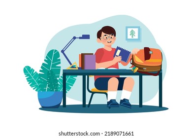 Boy putting books in school bag Illustration concept on white background