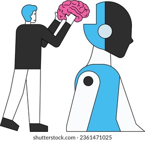 The boy is putting brain into the robot.