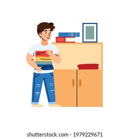 Boy putting clean clothes in dresser, cartoon vector illustration isolated on white background. Housekeeping help schedule and daily chores of children.