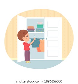 Chico poniendo ropa en un armario, ayudando con las tareas domésticas. El niño ayuda a limpiar la ilustración vectorial del dormitorio. Estantes elegantes en un armario con ropa y cajas, camisas en perchas.