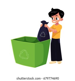 Boy putting garbage bag into trash bin, waste recycling concept, cartoon vector illustration isolated on white background. Full length portrait of boy throwing garbage bag into trash bin