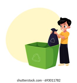 Boy putting garbage bag into trash bin, waste recycling concept, cartoon vector illustration with space for text. Full length portrait of boy throwing garbage bag into trash bin