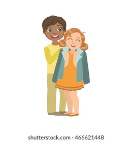 Boy Putting His Coat Around Girl s Shoulders