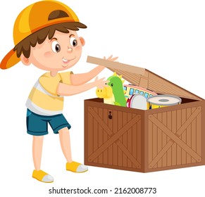 Un niño pone su juguete en la ilustración de la caja