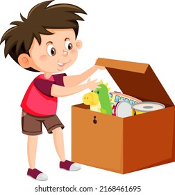 A boy putting his toy into the box illustration