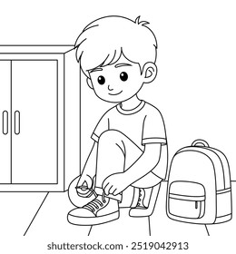 El niño se está poniendo los zapatos y preparándose para ir a la página de colorear del esquema de la escuela, ilustración de regreso a la escuela 