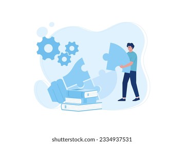 Boy is putting together a puzzle trending concept flat illustration