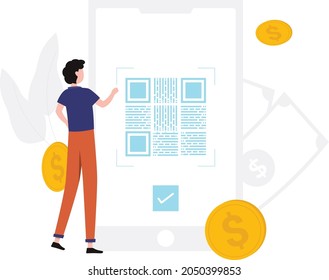 Niño con código QR en teléfono móvil.