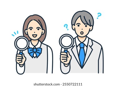 A boy with a question. A girl with a flash of something. Vector illustration set of a student with a magnifying glass.