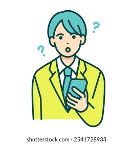 A boy with a question. Junior high school student in uniform holding a cell phone. Vector illustration.