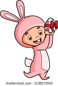 The boy with the rabbit costume is holding the easter egg with the love sign of illustration