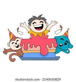 chico con conejo y perro está teniendo un feliz cumpleaños, ilustración vectorial art. doodle imagen kawaii.