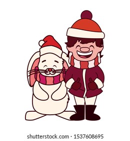boy and rabbit with hat and scarf in white background vector illustration design