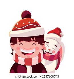 boy and rabbit with hat and scarf in white background vector illustration design